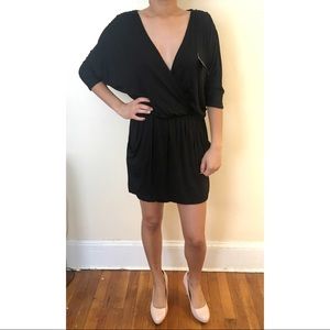 Black Deep-V Relaxed Sleeve Mini Dress w/ Pockets